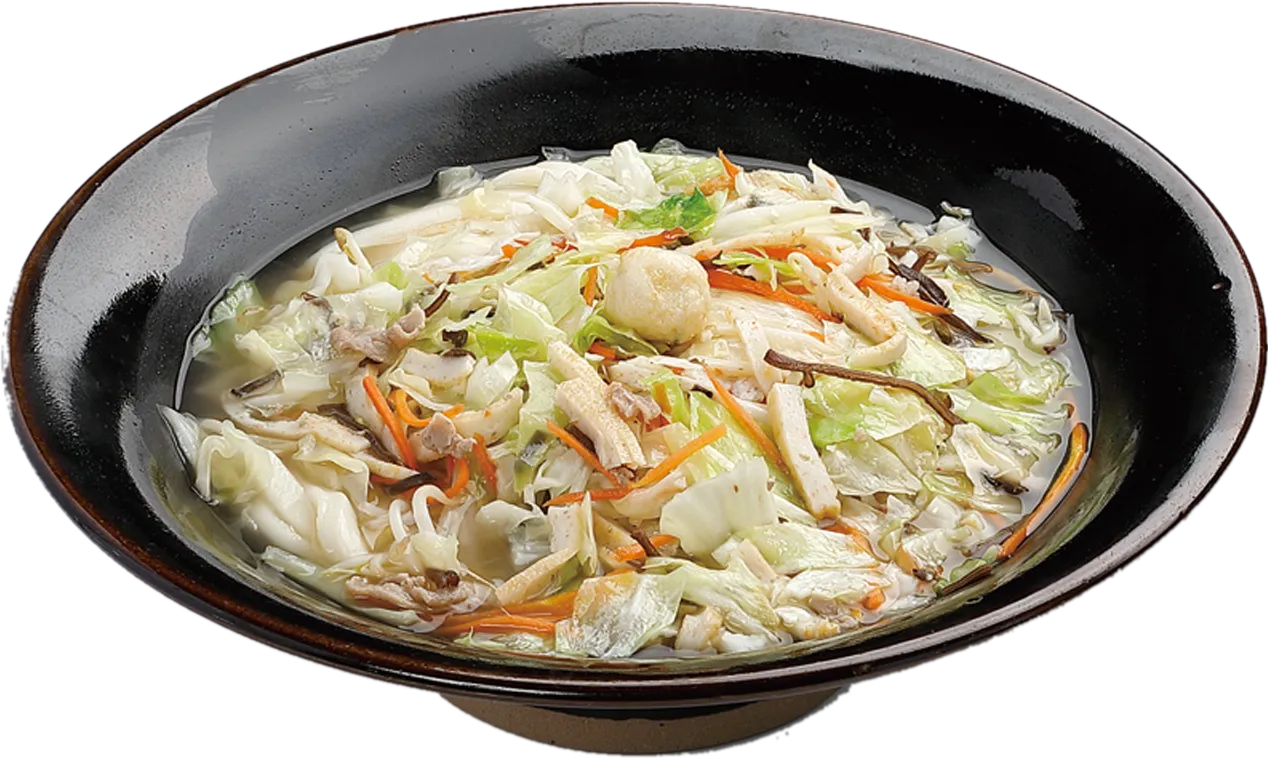 野菜と蒲鉾がたっぷりのった、直径約32cmの丼のどんめん